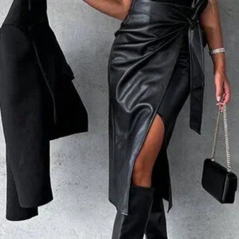 Black Elegant Women's Slit Lace-Up High Waist Sexy Punk Style Bodycon Mini Skirt